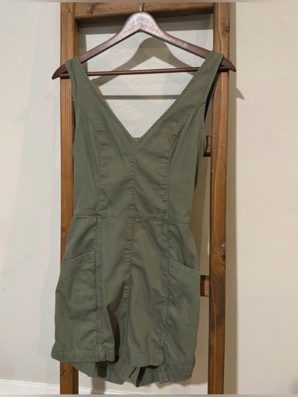 AERIE Olive Green V-Neck Cotton Romper